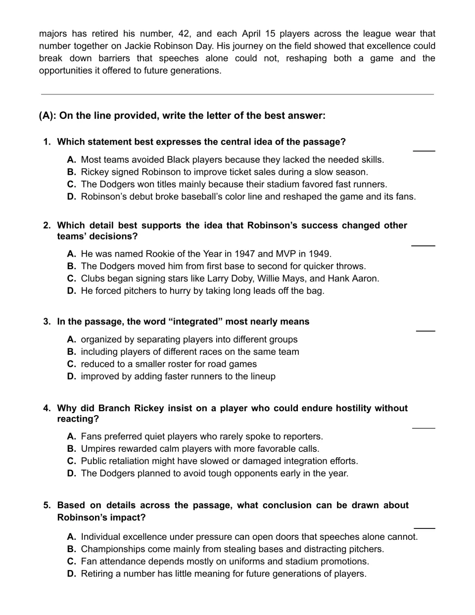 Passage conclusion and five multiple-choice questions on Robinson’s impact, central idea, and “integrated”