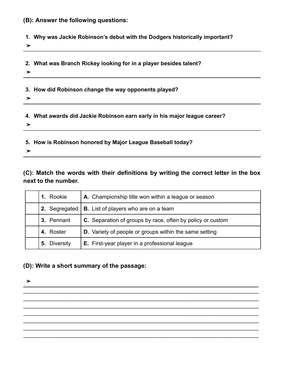 Five written questions on Robinson, vocabulary matching for rookie and four more words, and a summary prompt
