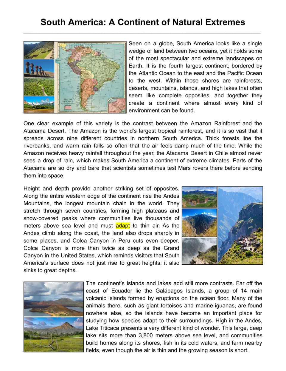 South America: A Continent of Natural Extremes, a reading passage on the Amazon, Andes and Galápagos with a map and photos