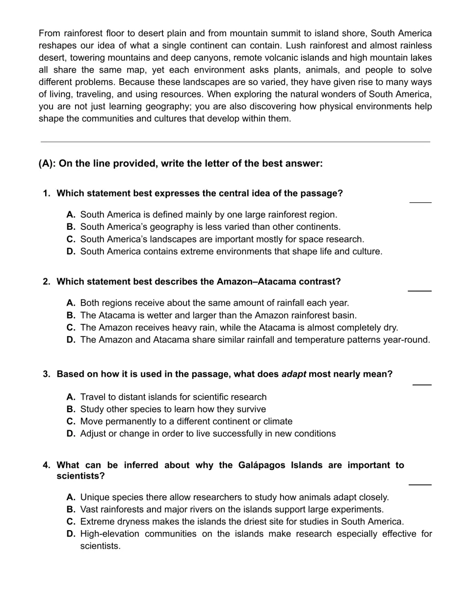 Reading check: multiple-choice questions 1 to 4 on central idea, Amazon-Atacama contrast, adapt and Galápagos inference
