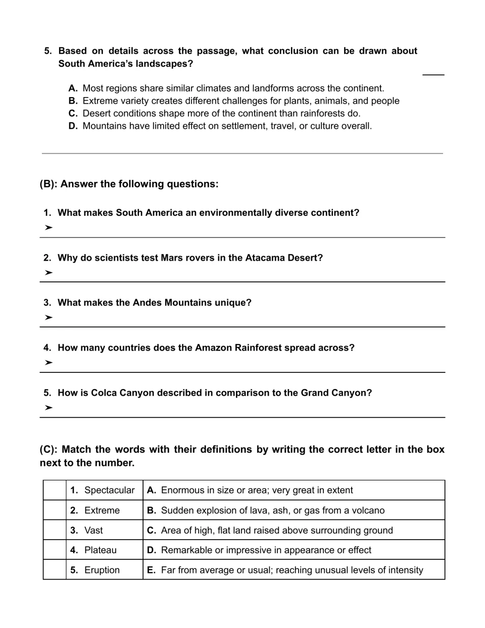 Short-answer questions on the passage, then matching five vocabulary words like vast and plateau to their definitions