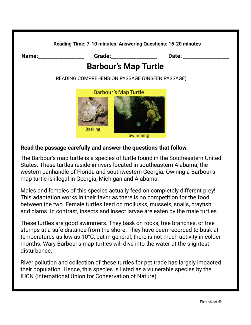 Barbour's map turtle passage: students read about its range, diet, basking habits and decline, shown with two photos