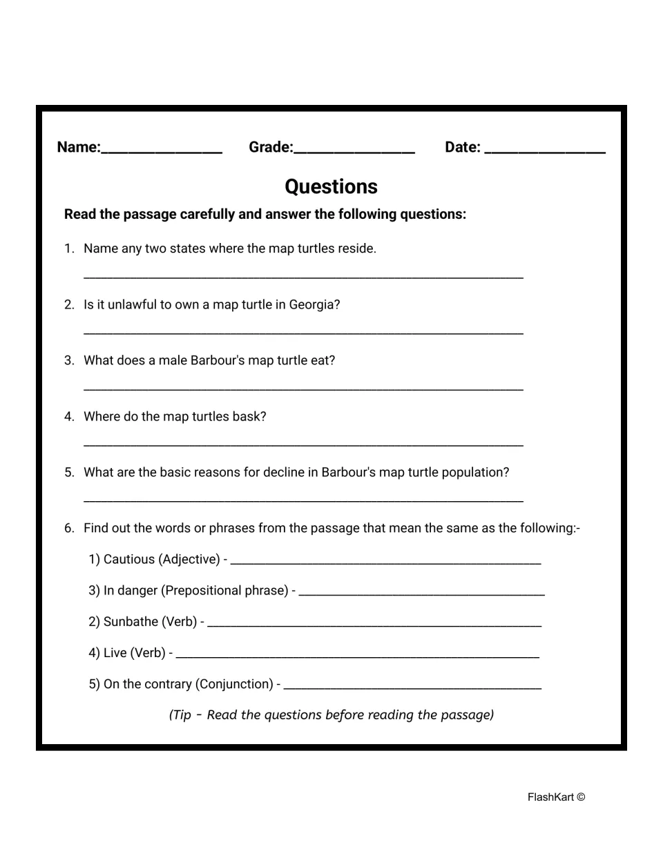 Map turtle questions 1-6: students answer five recall questions, then find synonyms for cautious, in danger and live