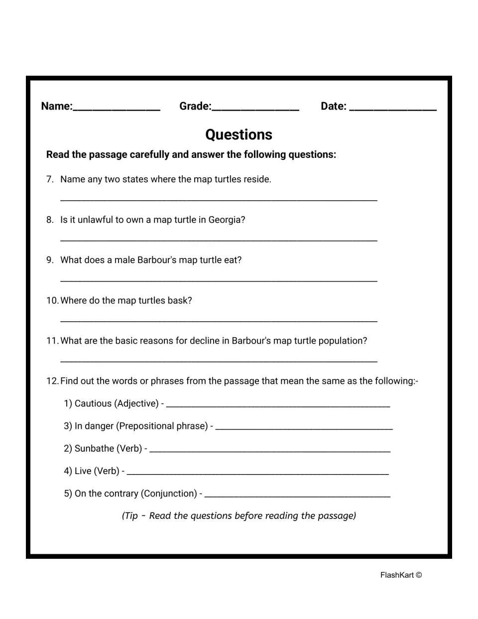 Map turtle questions numbered 7-12: students answer the same recall items and match five words to passage synonyms