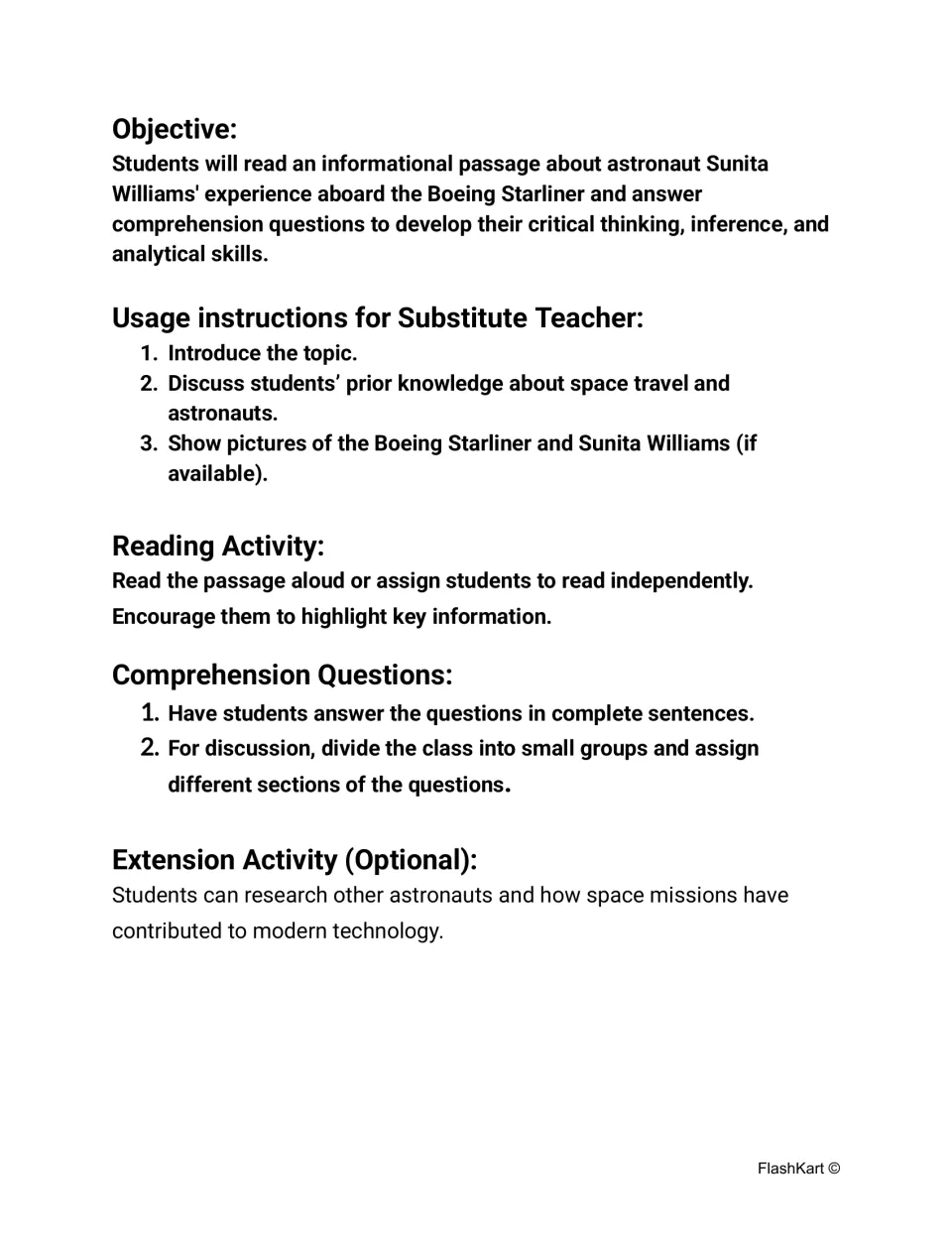 Teacher directions for the space reading packet: objective, reading steps, questions, and extension research