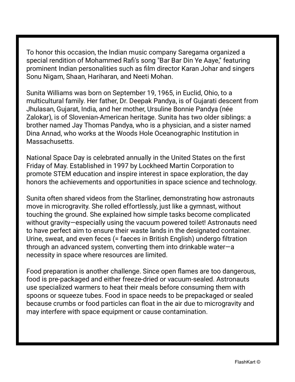 Passage continuation covers Williams' family, National Space Day, movement in microgravity, and space food