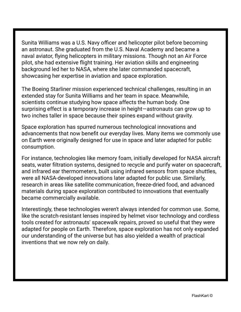 Passage continuation covers Williams' Navy career, mission delays, height changes, and space-related inventions