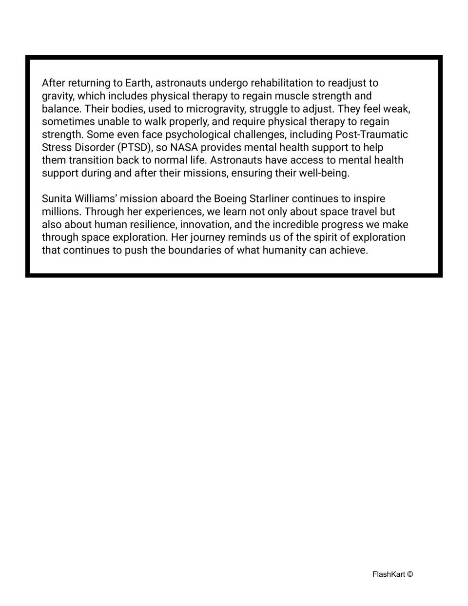 Passage conclusion discusses astronauts' rehabilitation, mental health support, and Williams' inspiring mission