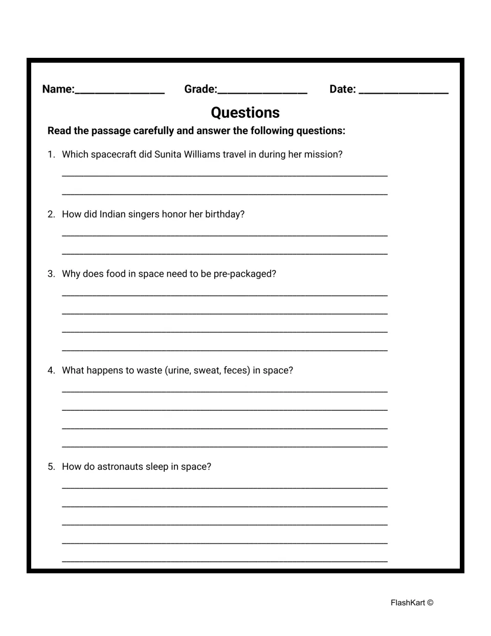 Comprehension questions 1–5 ask about Williams' spacecraft, birthday tribute, space food, waste, and sleep