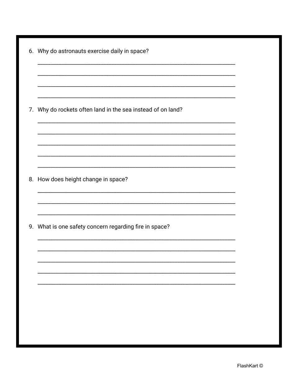 Comprehension questions 6–9 ask about daily exercise, sea landings, height changes, and fire safety in space