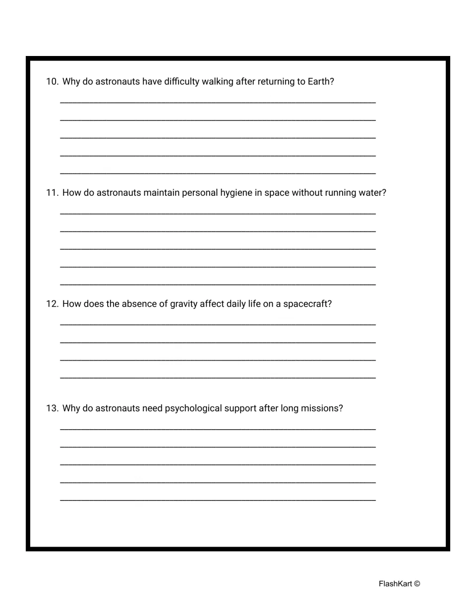 Comprehension questions 10–13 cover walking after spaceflight, hygiene, daily life, and psychological support