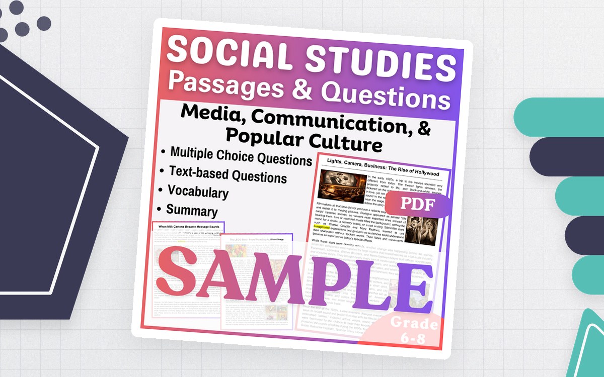 Social Studies Passages and Questions sample cover with LEGO Story article and question previews for Grades 4โ8.