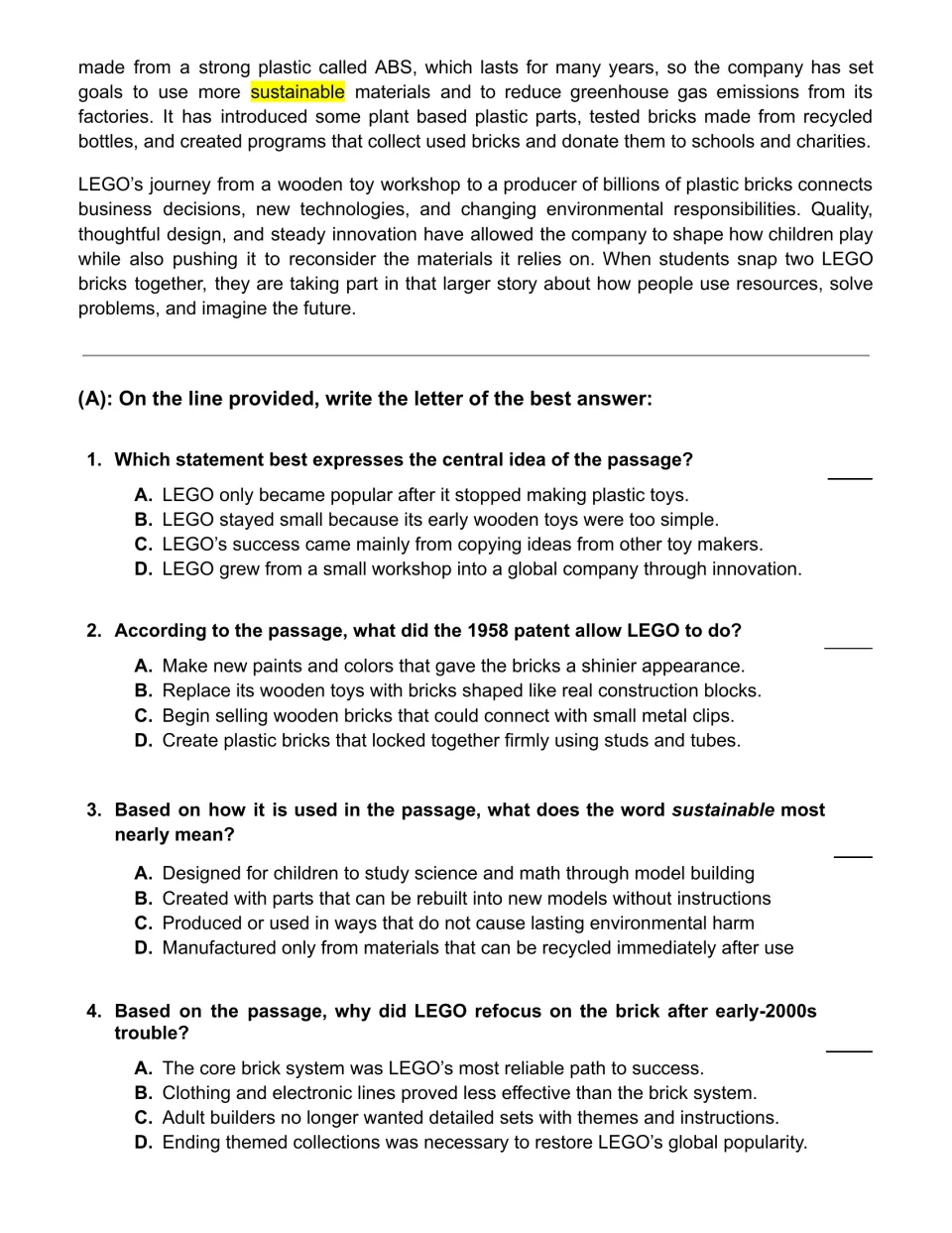 Passage conclusion on LEGO's environmental goals, followed by comprehension questions 1–4 with answer choices