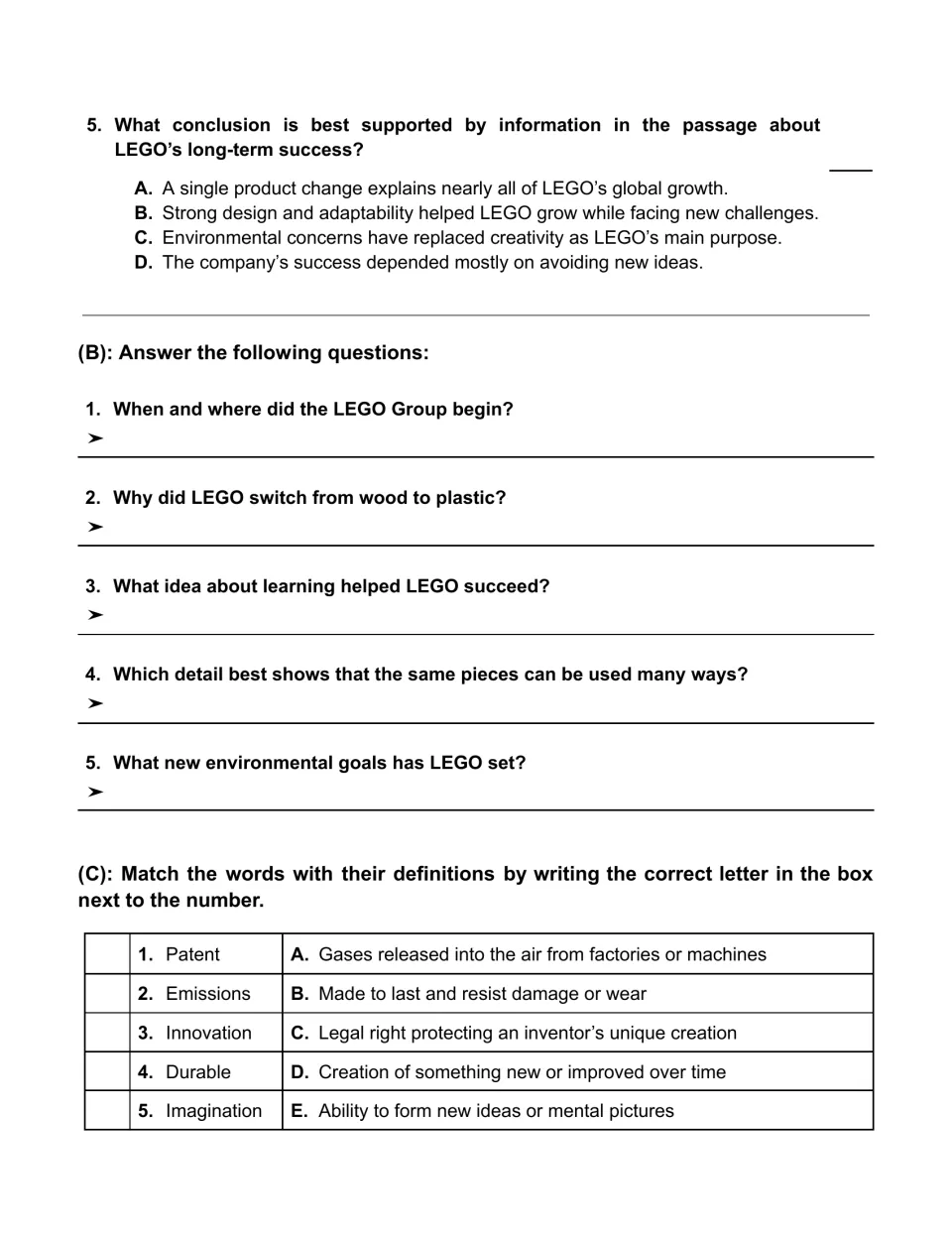 LEGO comprehension question 5, five short-answer questions, and vocabulary matching from patent to imagination