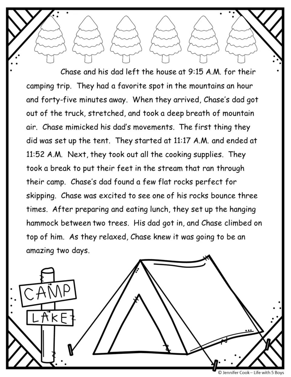 Camping story: students read about Chase and his dad setting up a tent, skipping rocks and resting in a hammock