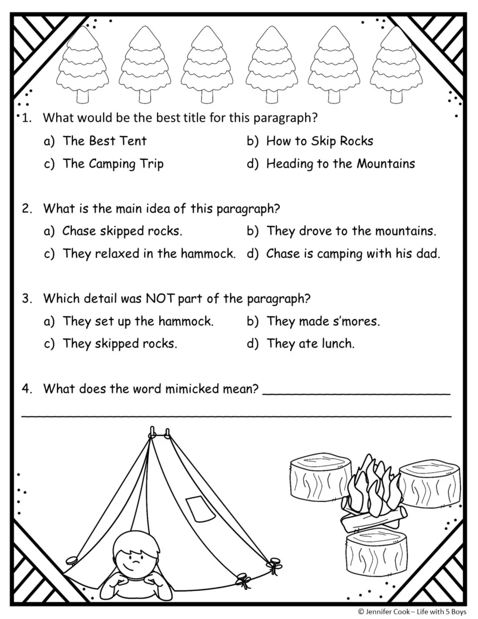 Camping passage questions: students pick a title, the main idea and the detail not in the story, then define mimicked