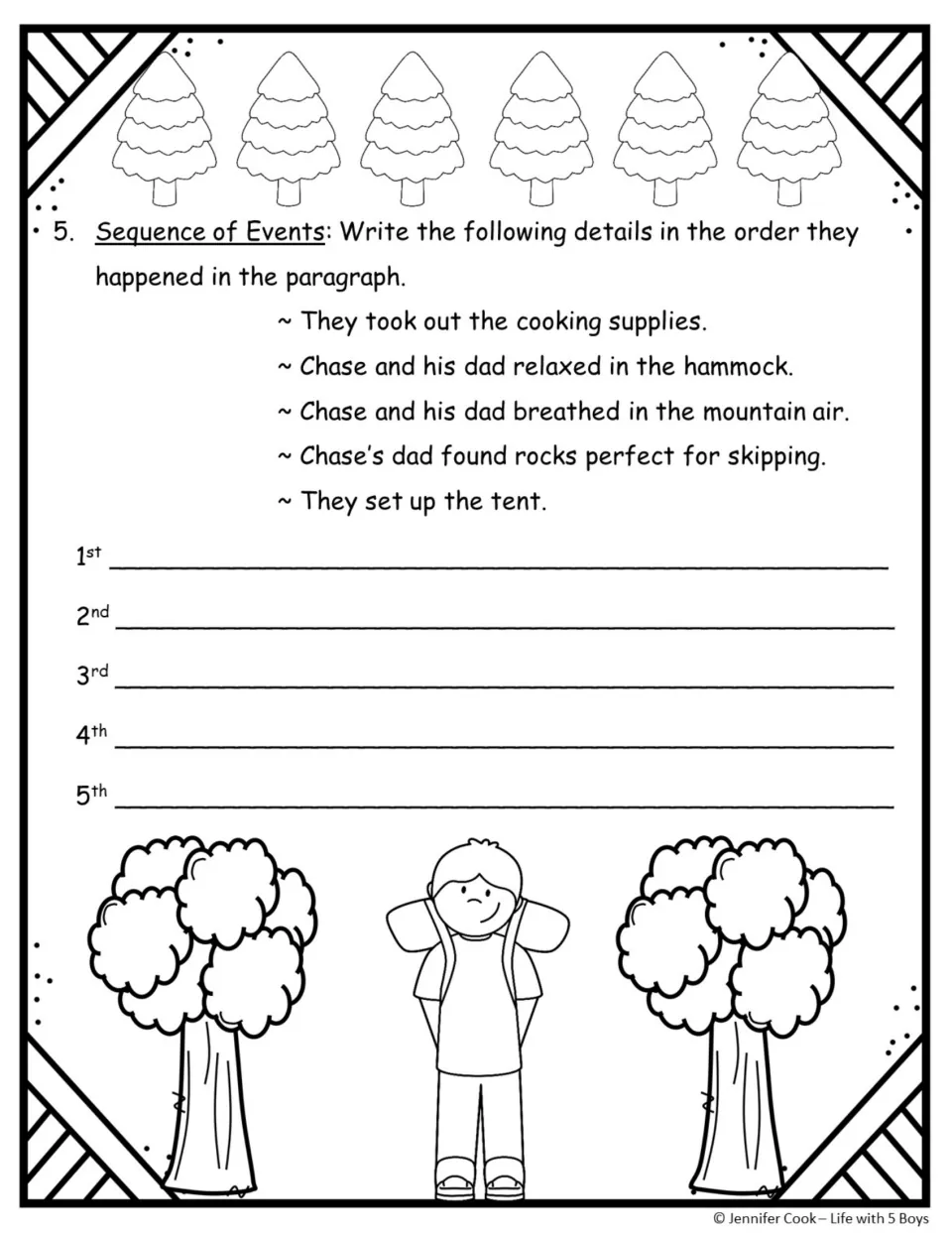Sequence of events: students order five camping-trip details, such as setting up the tent, from first to fifth
