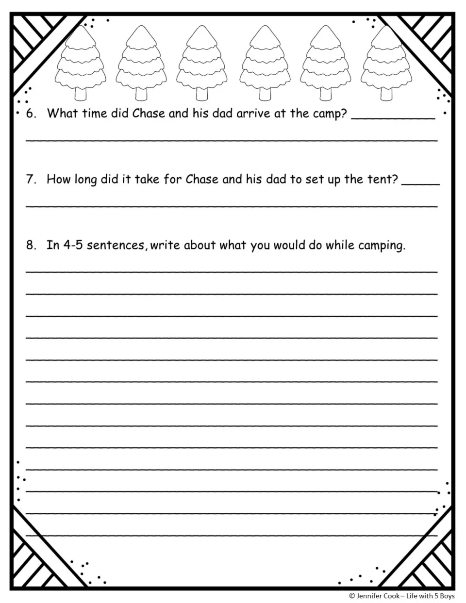 Elapsed time and writing: students find the arrival time and tent set-up time, then write 4-5 sentences about camping