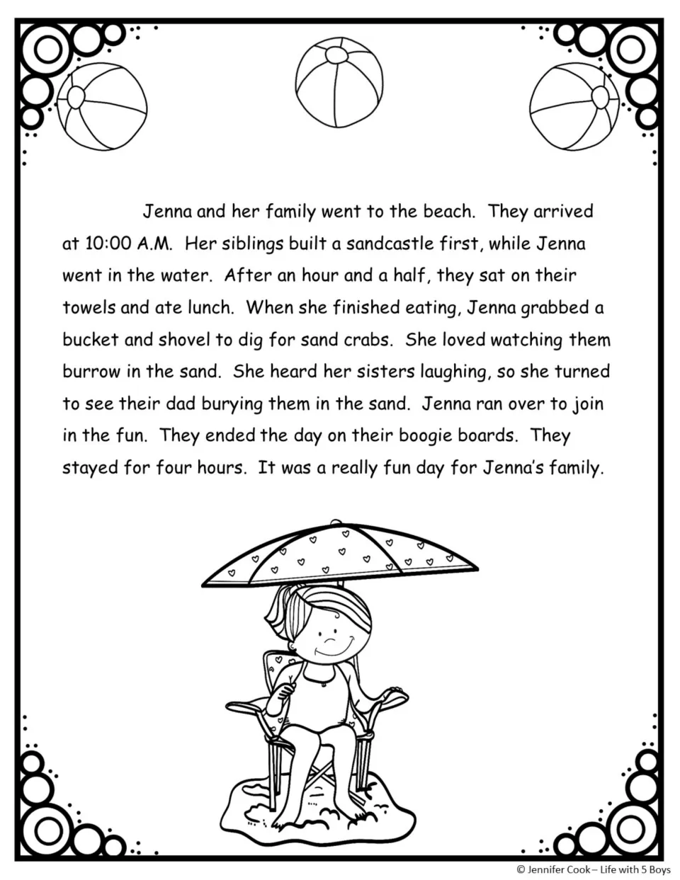 Reading passage about Jenna’s family beach trip, including swimming, lunch, sand crabs, and boogie boards