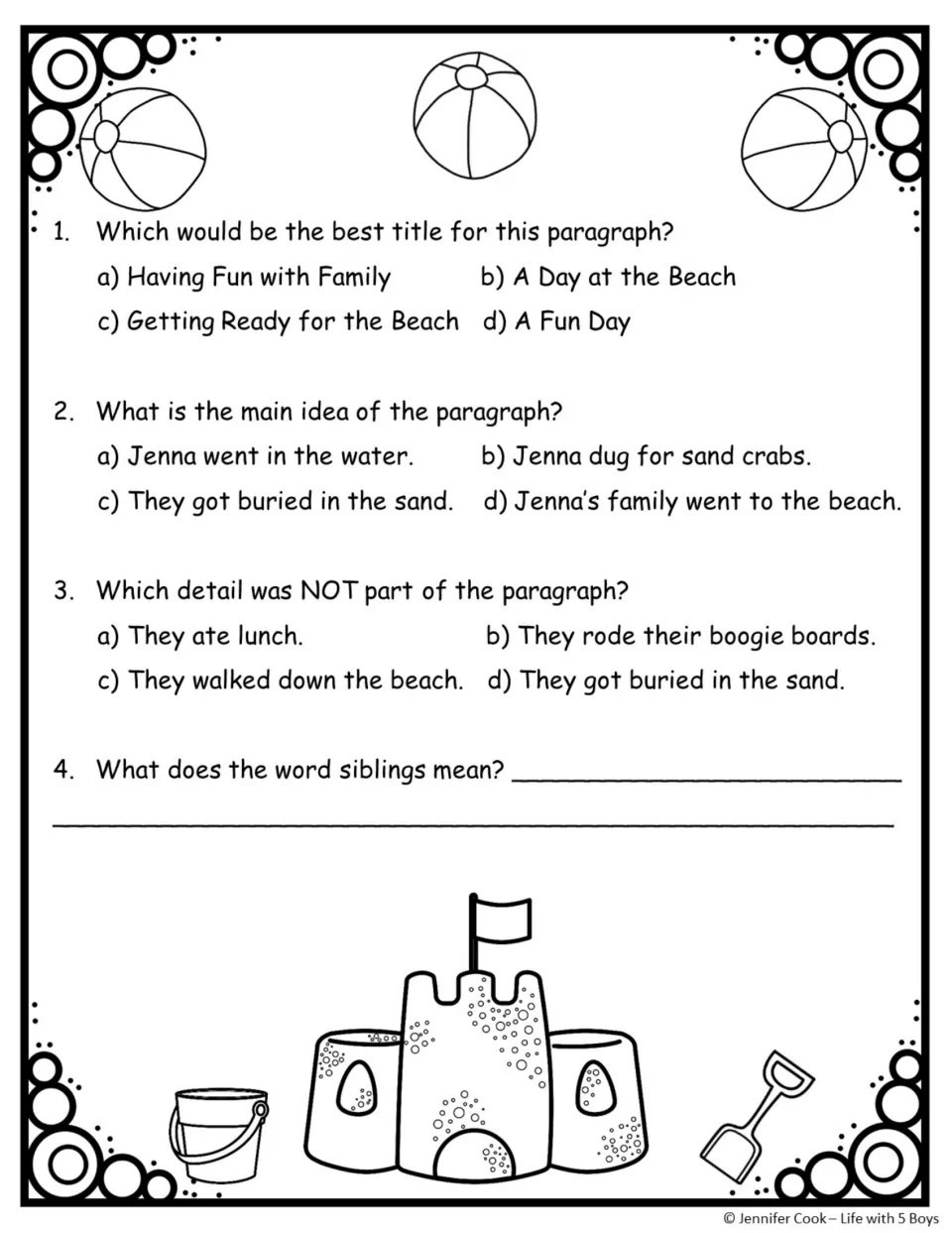 Beach passage questions 1–4 ask for the best title, main idea, an unrelated detail, and the meaning of siblings