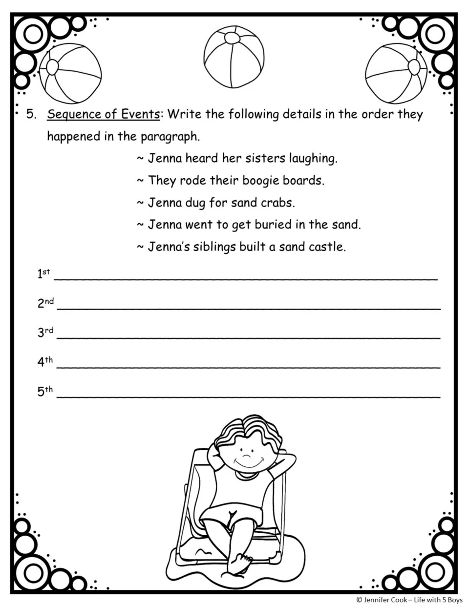 Beach passage question 5 asks students to order five events, from building a sandcastle to riding boogie boards