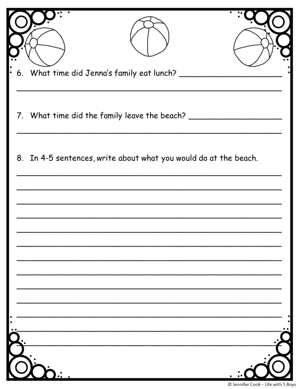 Beach passage questions 6–8 ask for lunch and departure times and four or five sentences about a beach visit
