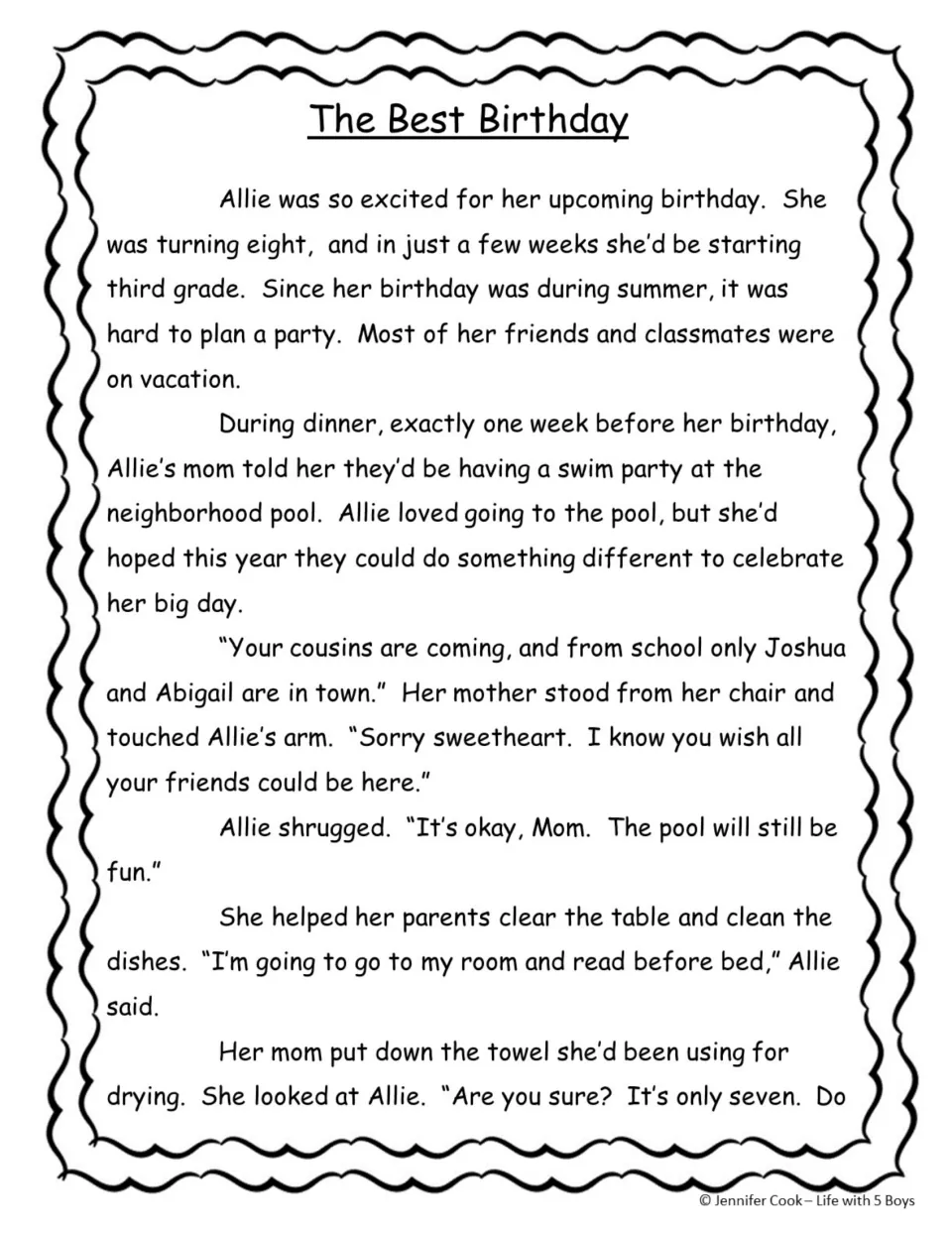 The Best Birthday story opening: Allie, turning eight, learns her summer party will be a swim party at the pool