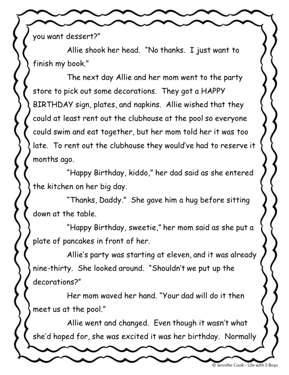Story continues: Allie and her mom buy party decorations, then on her birthday she eats pancakes before the party