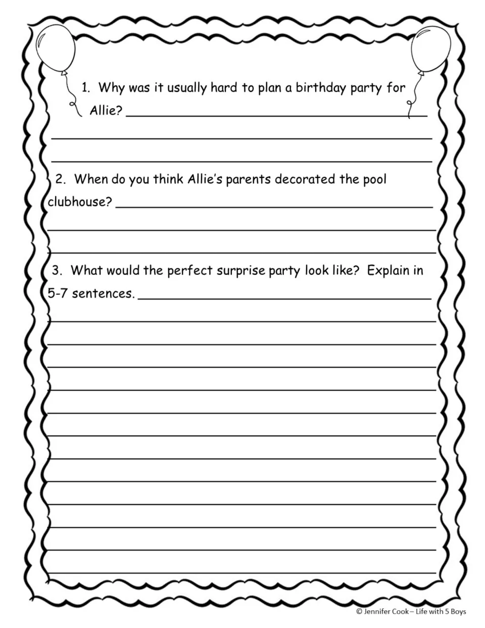 Comprehension questions 1-3: why Allie's party was hard to plan, when the clubhouse was decorated, a surprise party