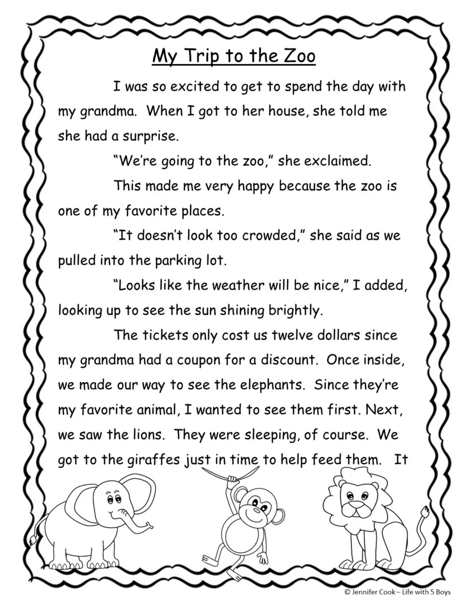Reading passage, part 1: Grandma surprises the narrator with a zoo trip to see elephants, lions, and giraffes.