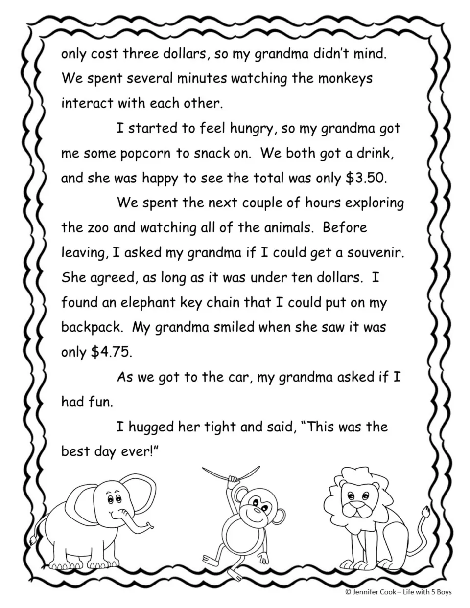 Reading passage, part 2: the narrator watches monkeys, enjoys popcorn, and gets a $4.75 elephant key chain.