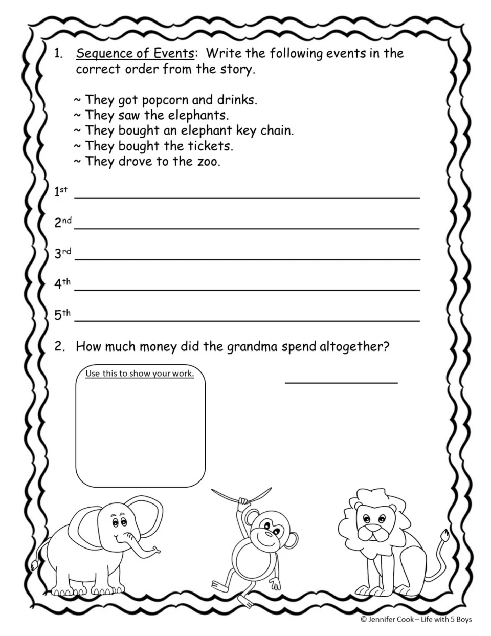 Zoo story questions 1–2: put five events in order and calculate how much money Grandma spent altogether.