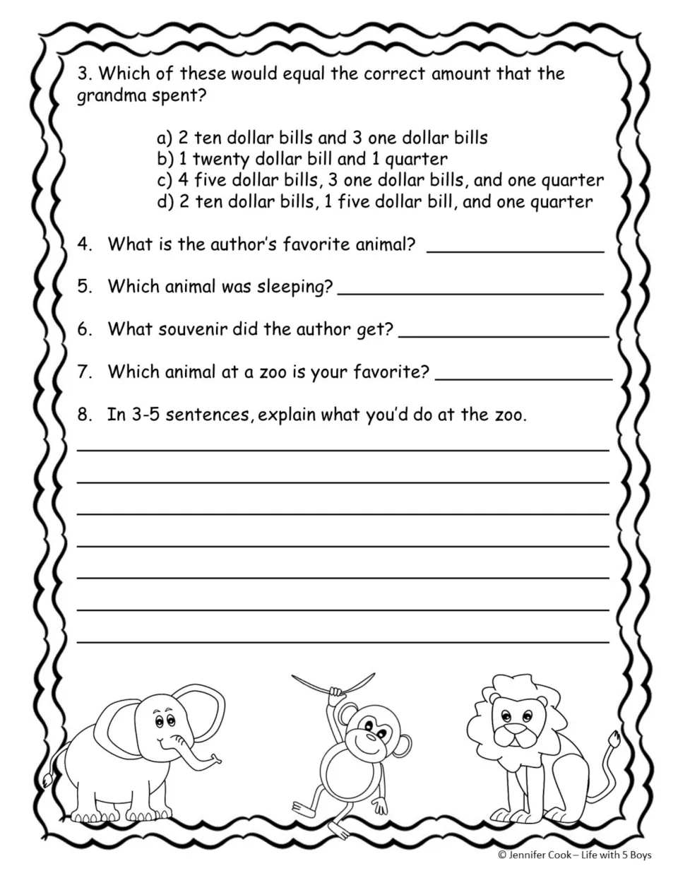 Zoo story questions 3–8: choose a money amount, recall animals and a souvenir, and write about a zoo visit.