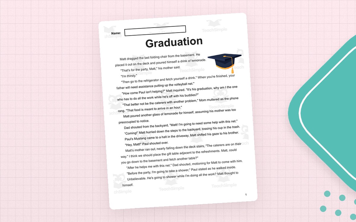 Graduation reading passage with cap illustration and comprehension prompts.