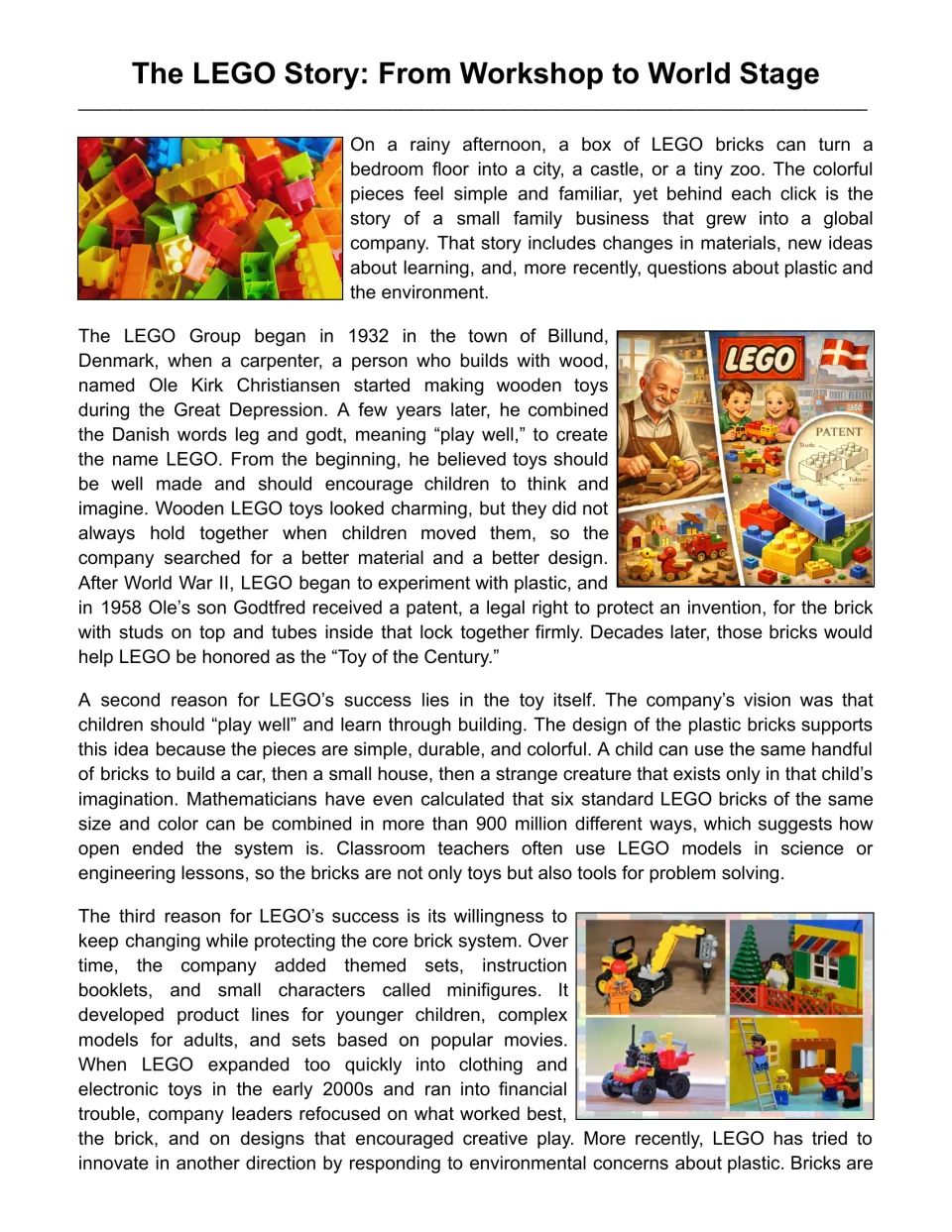 The LEGO Story reading passage: students read how LEGO began in 1932 Denmark, got its brick patent and kept innovating