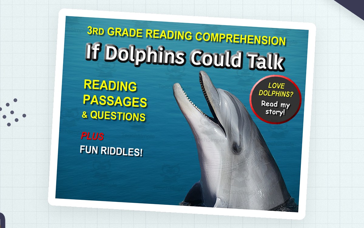 Third Grade Reading Comprehension cover titled If Dolphins Could Talk with a dolphin photograph and text advertising passages, questions, and riddles.