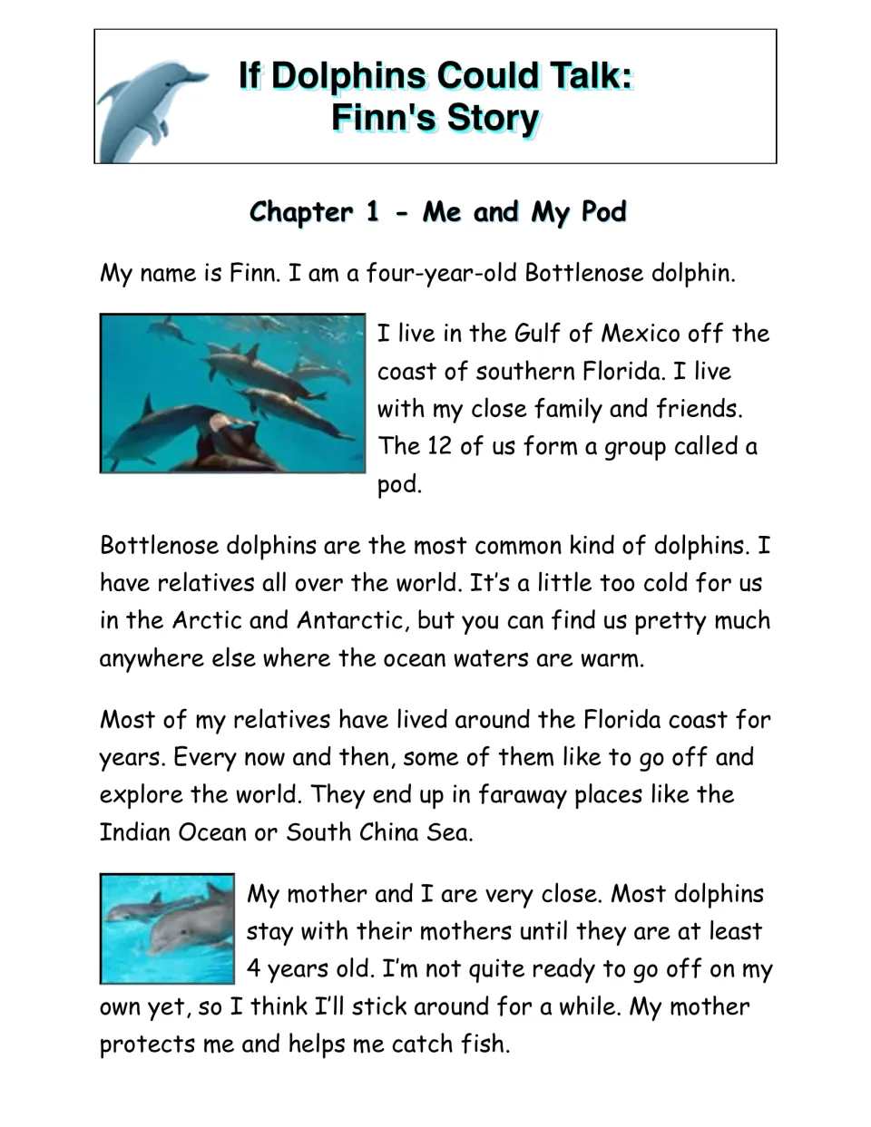 Chapter 1 reading passage introduces Finn, a four-year-old bottlenose dolphin, and his pod of 12 dolphins