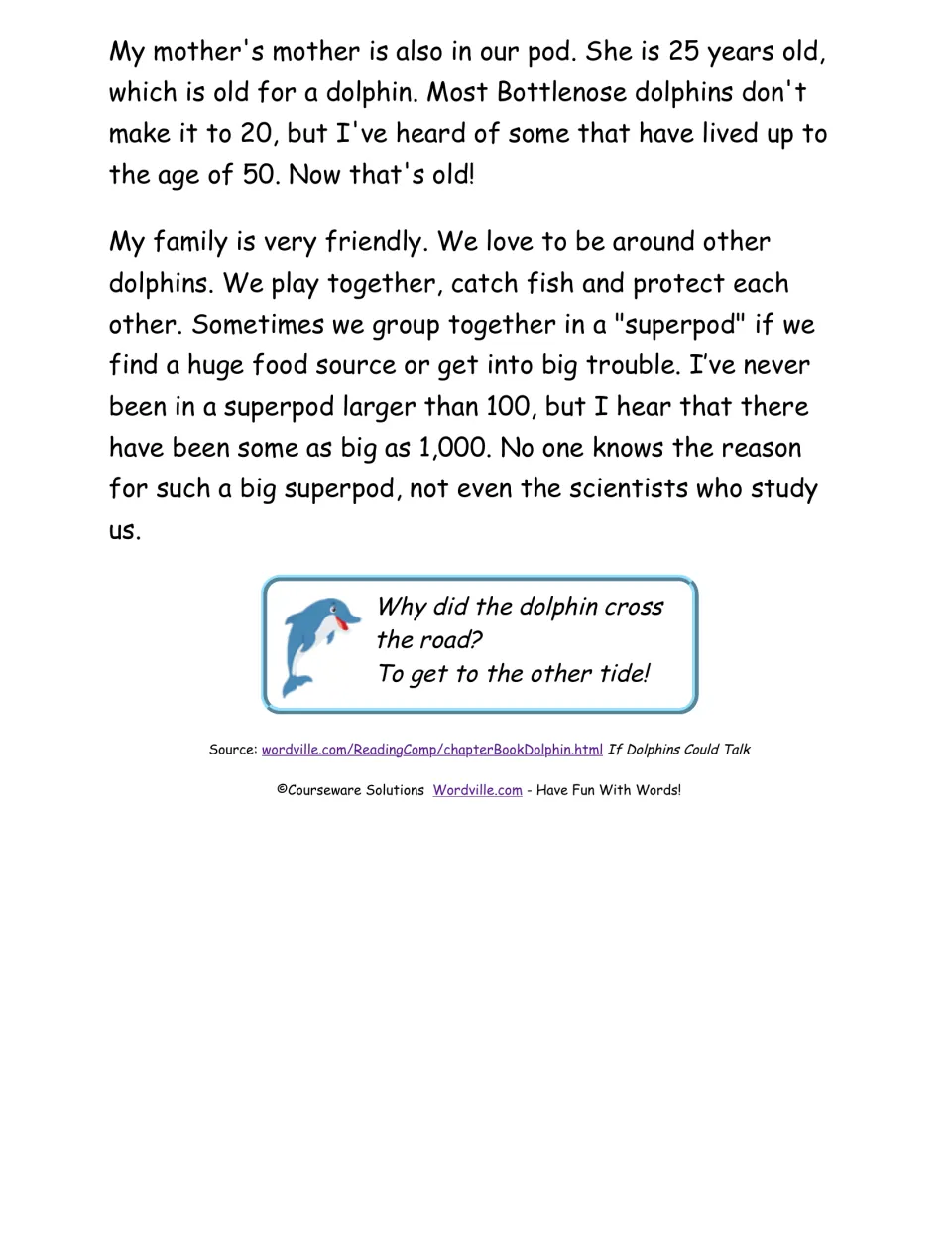 Chapter 1 passage continues with Finn's grandmother, dolphin family life, superpods, and a dolphin riddle