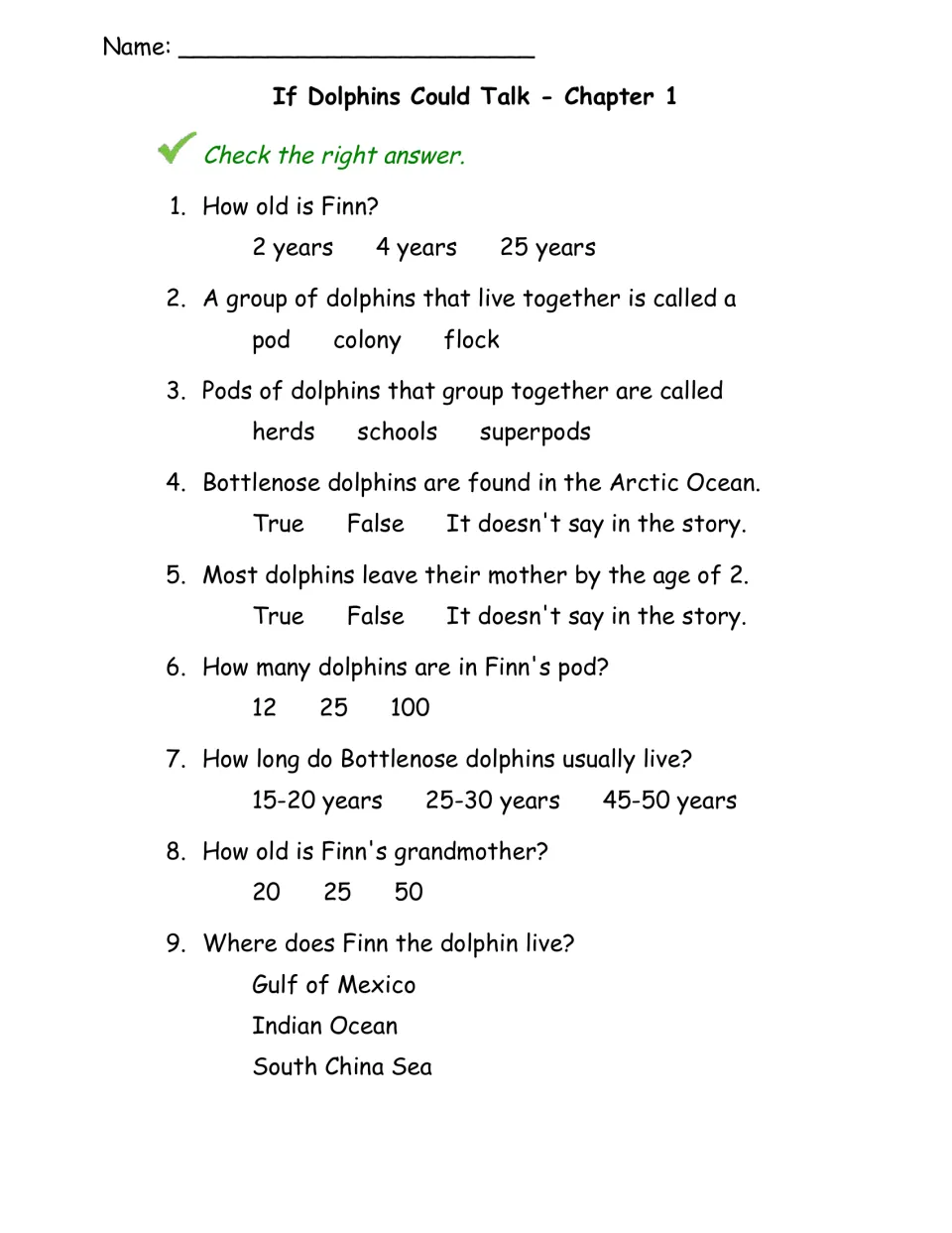 Chapter 1 quiz questions 1–9 ask about Finn's age, pod, habitat, grandmother, and dolphin life spans