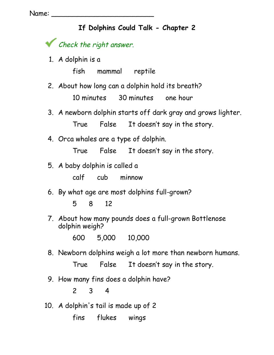 Chapter 2 quiz questions 1–10 cover mammals, breath holding, calves, growth, weight, fins, and flukes