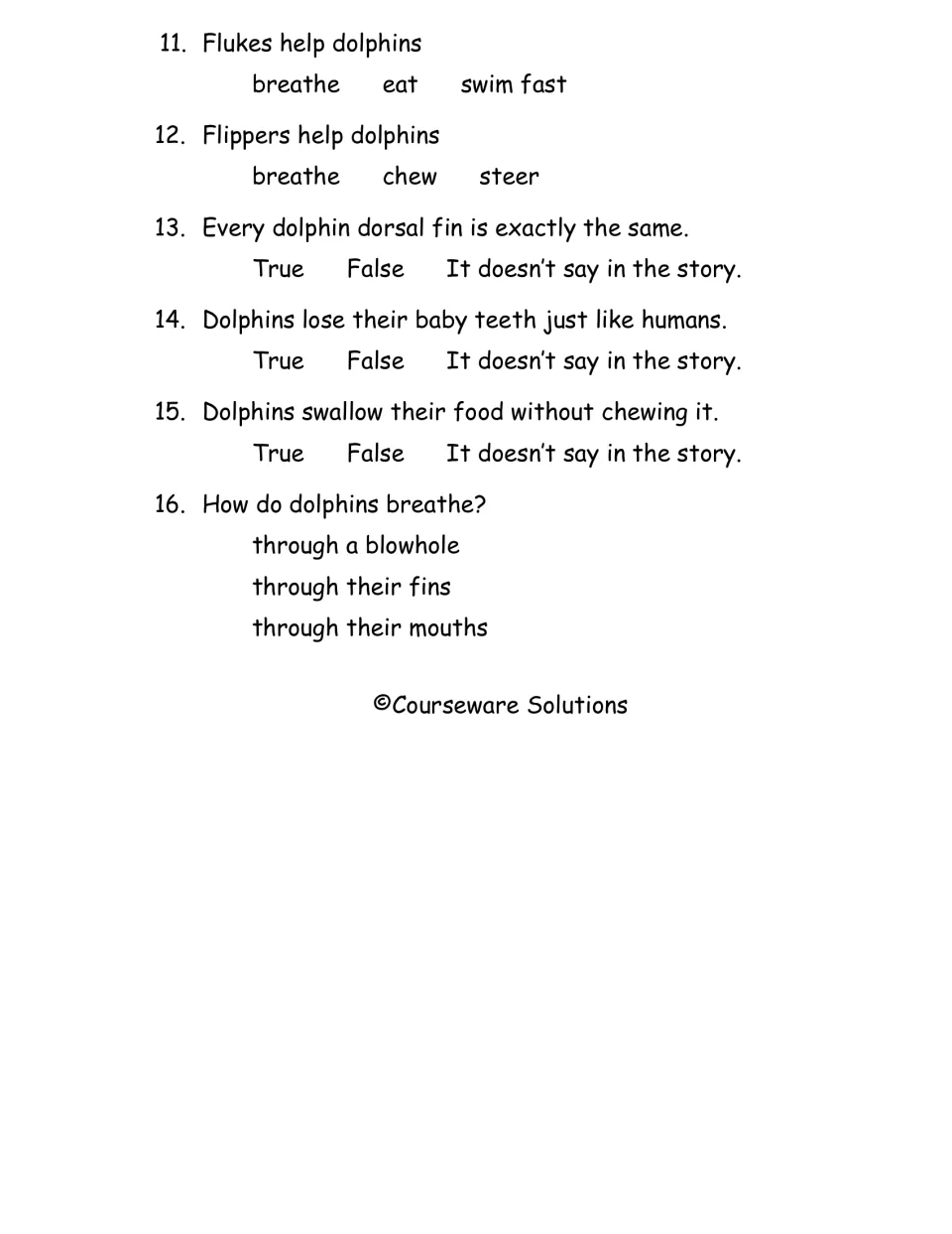 Chapter 2 quiz questions 11–16 ask about flukes, flippers, dorsal fins, teeth, swallowing, and breathing
