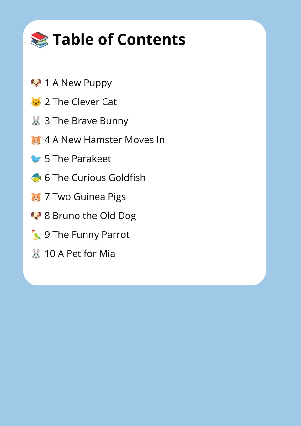 Table of contents for 10 pet passages, from A New Puppy and The Clever Cat through A Pet for Mia