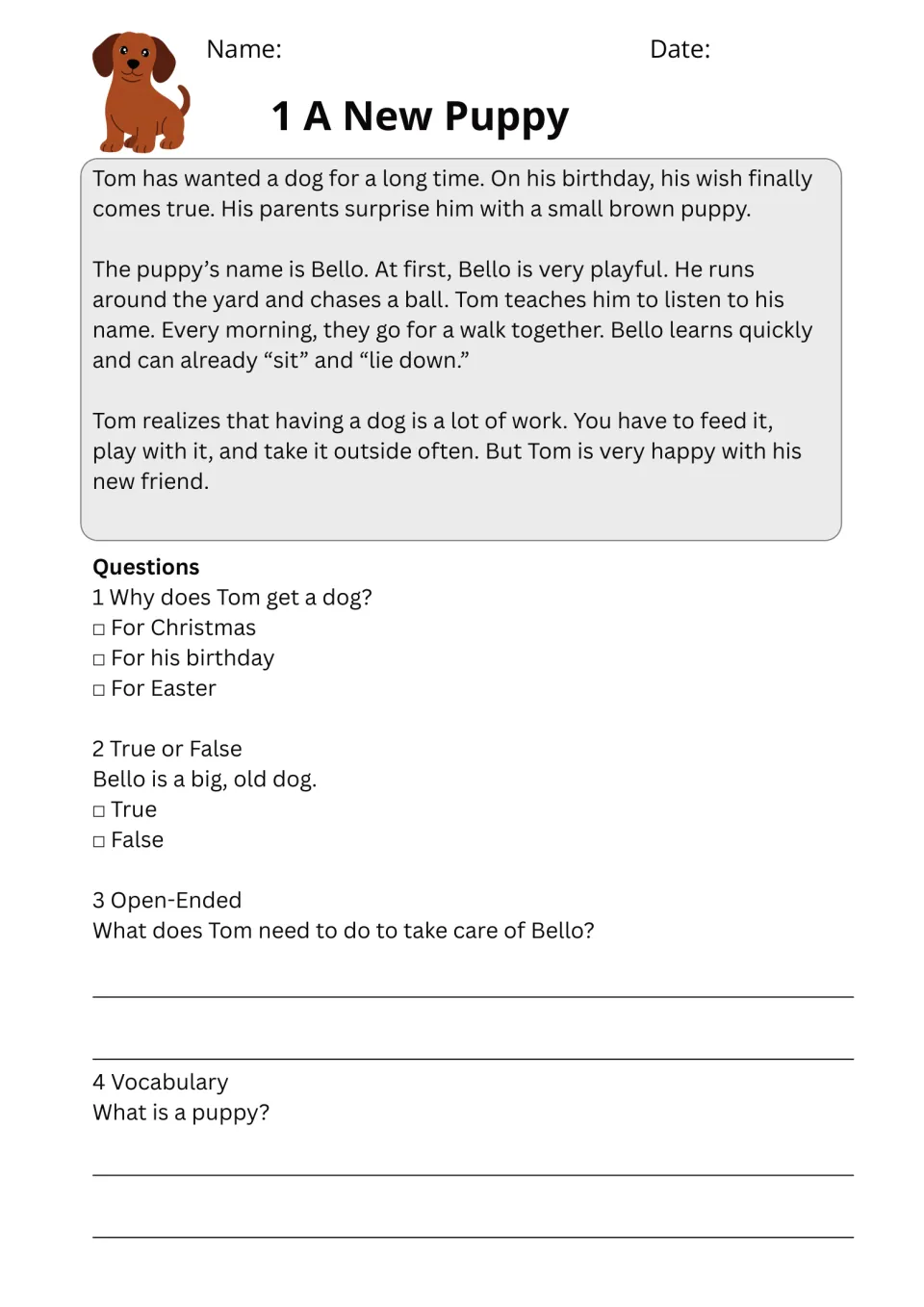 Passage 1, A New Puppy: Tom gets Bello for his birthday; four questions cover details, care, and vocabulary