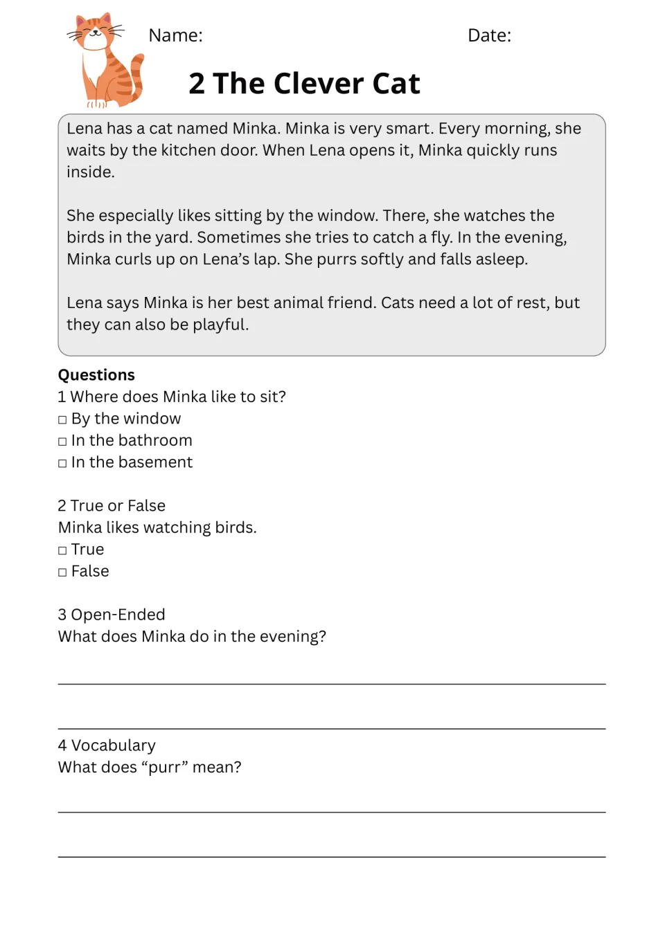 Passage 2, The Clever Cat: Minka watches birds and rests on Lena's lap; four questions include defining purr