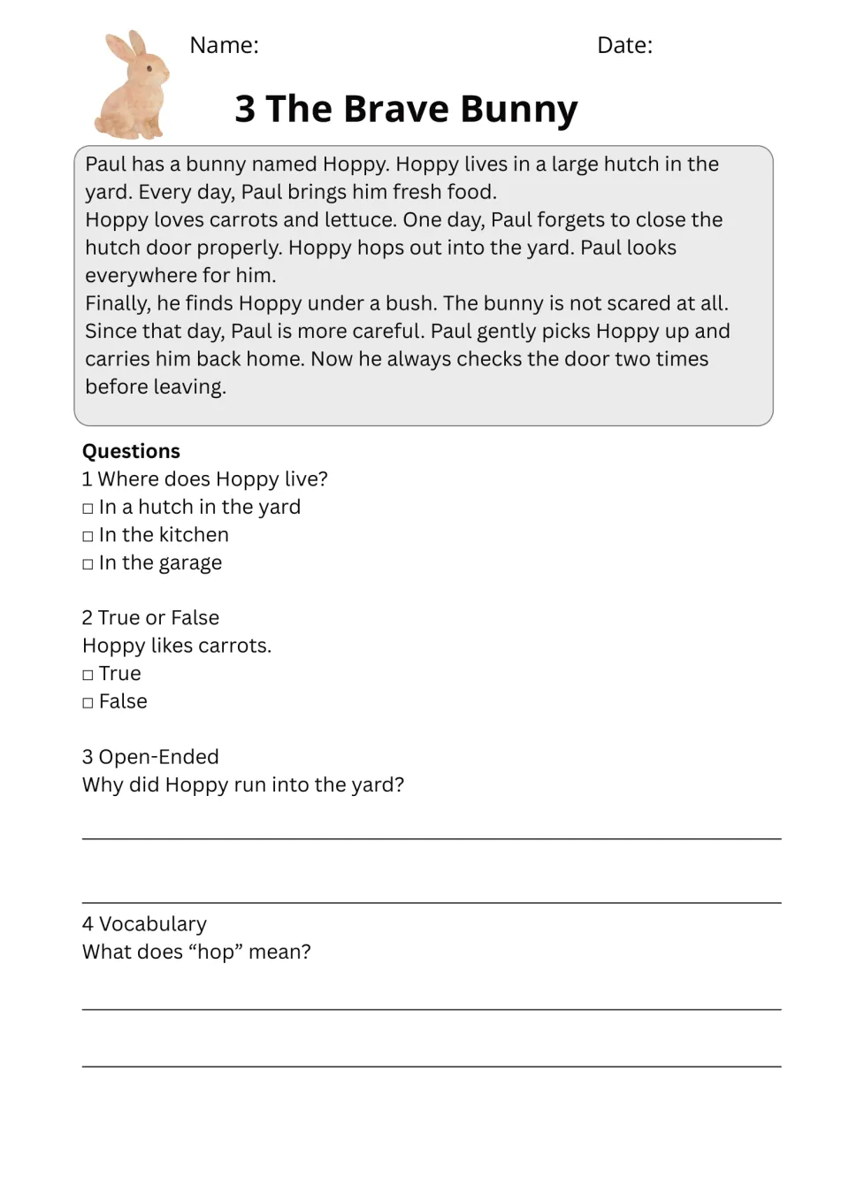 Passage 3, The Brave Bunny: Hoppy escapes through an unsecured hutch door; four questions include hop