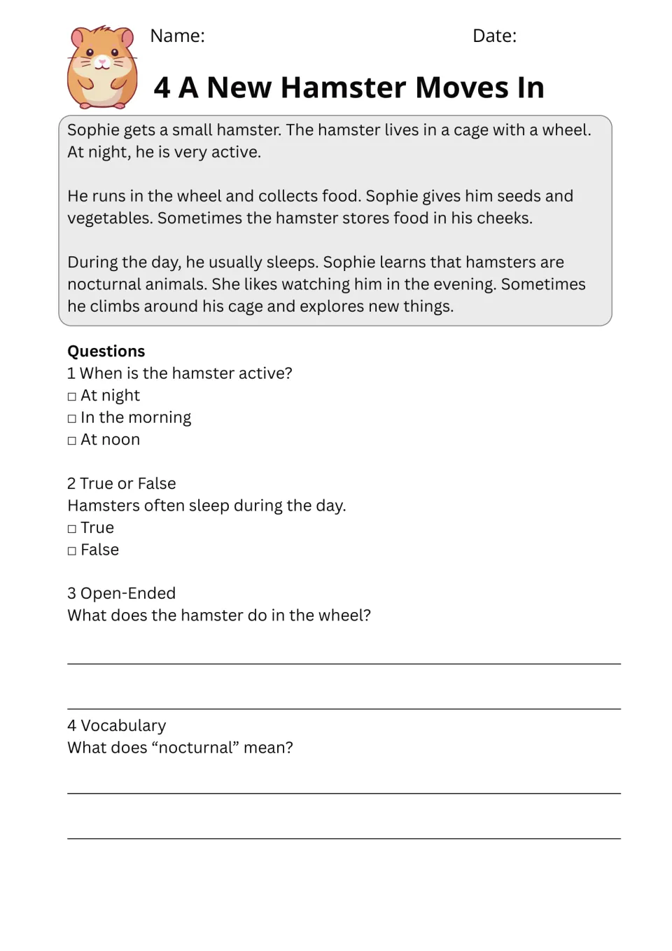 Passage 4, A New Hamster Moves In: Sophie's hamster is active at night; four questions include nocturnal