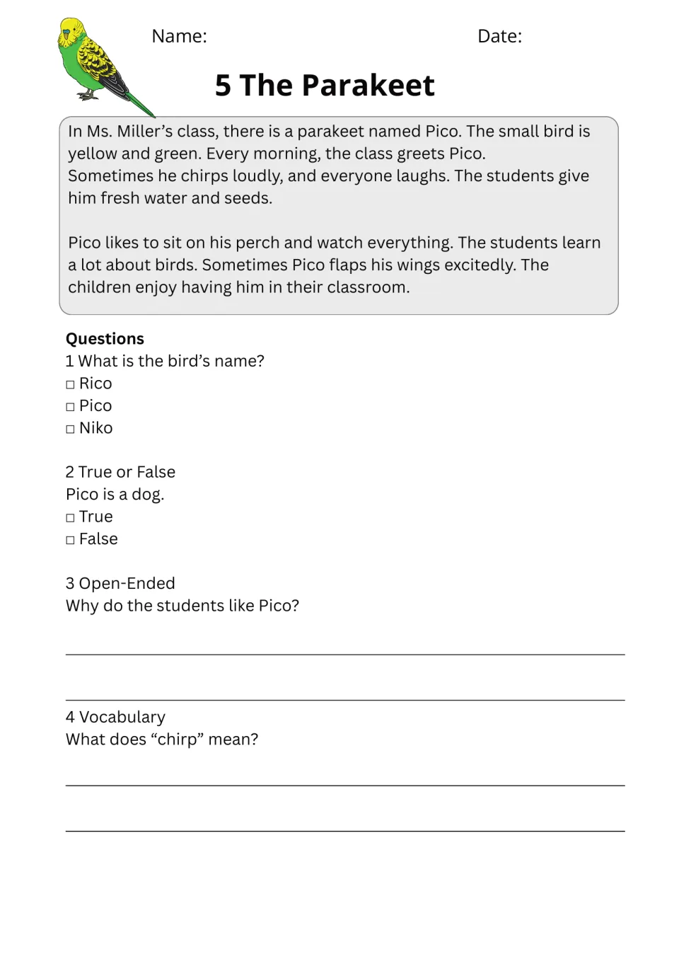 Passage 5, The Parakeet: students care for their classroom bird Pico; four questions include defining chirp