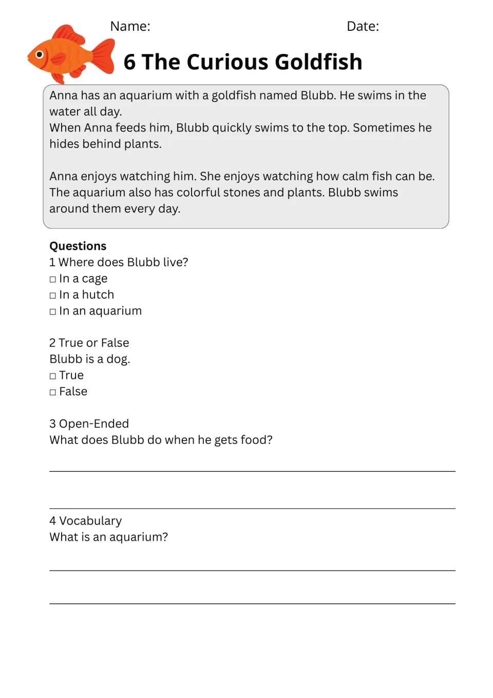 Passage 6, The Curious Goldfish: Anna watches Blubb swim and eat; four questions include defining aquarium