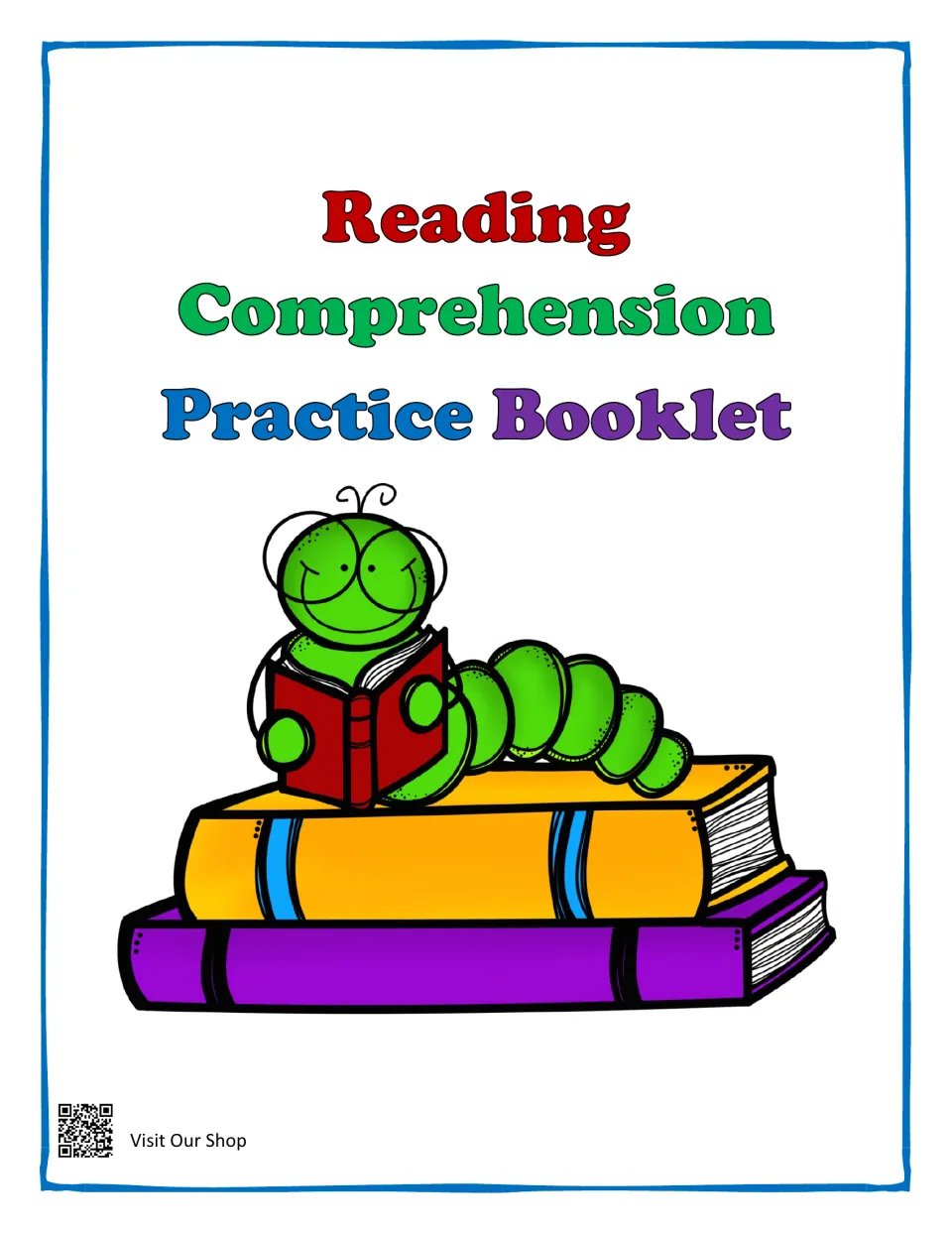 Reading Comprehension Practice Booklet cover showing a green bookworm in glasses reading on a stack of books