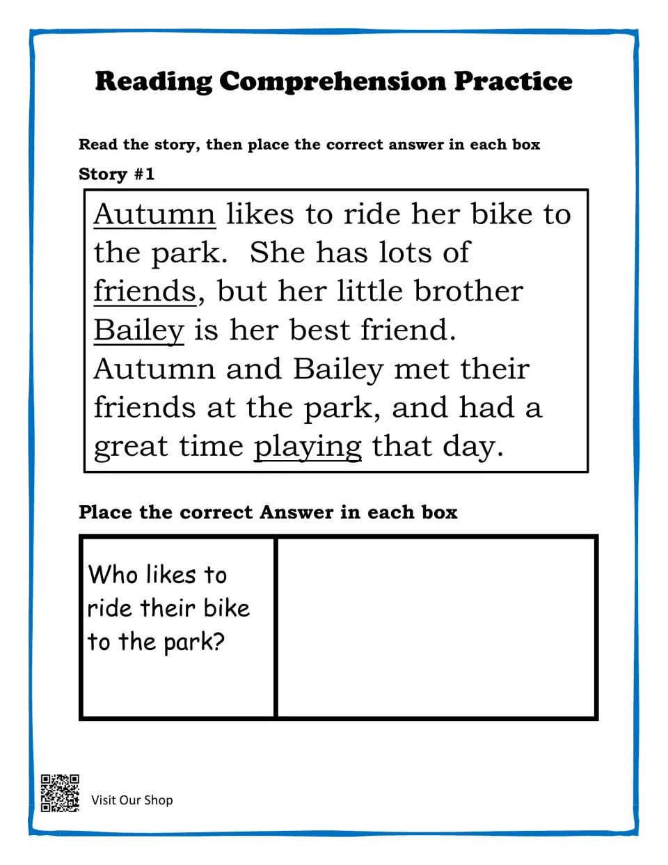 Story #1 about Autumn riding her bike to the park with brother Bailey; students answer who likes to ride to the park